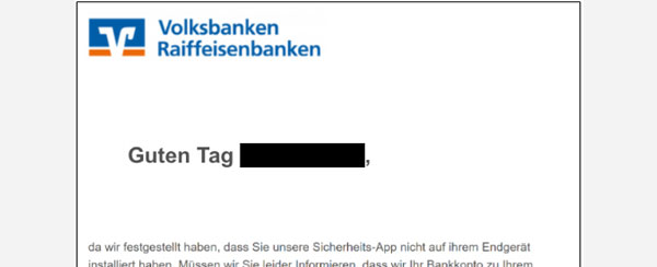 Phishing-Mail Identitätsprüfung Ansicht einer Phishing-Mail mit Aufforderung, eine angebliche Sicherheits-App herunterzuladen